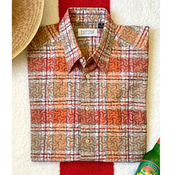 Orange check plaid geometric design short sleeve shirt by Tuttle Sportswear - Picture 2 of 16